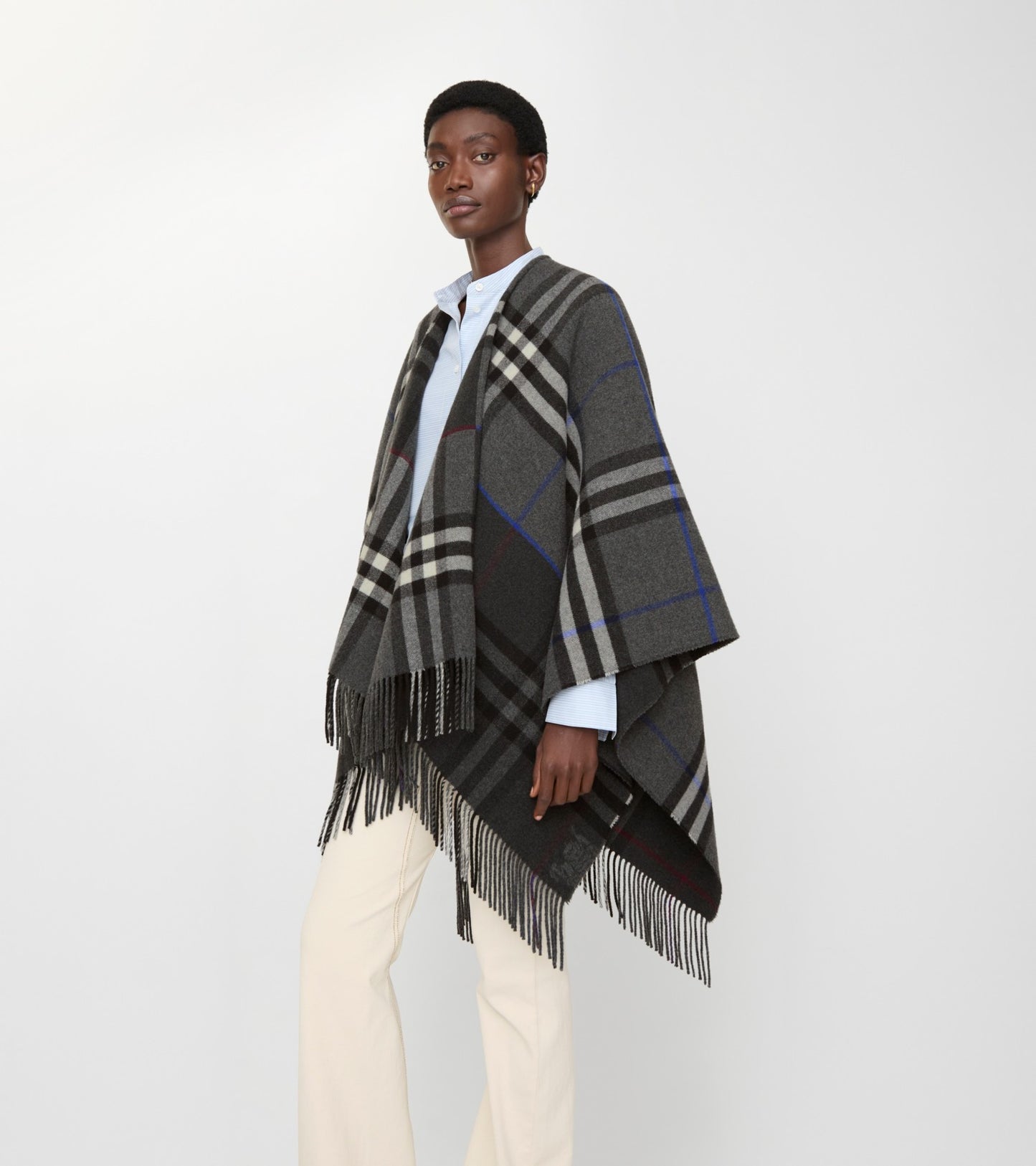 Contrast Check Cashmere Wool Cape in Marlborough grey/charcoal grey