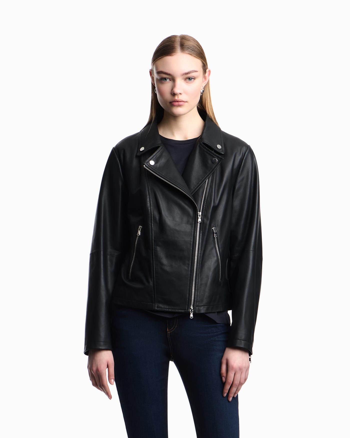 Asymmetrical zip biker jacket woman