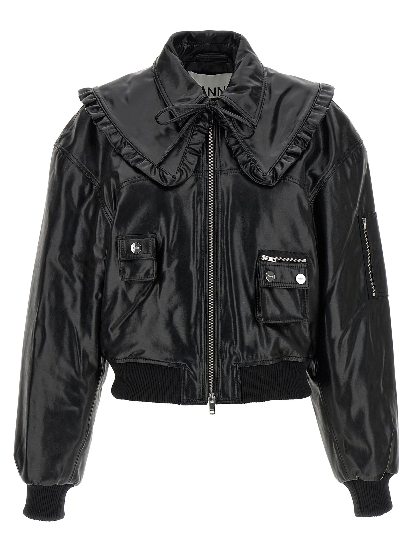 Ganni Black Leather Bomber Jacket