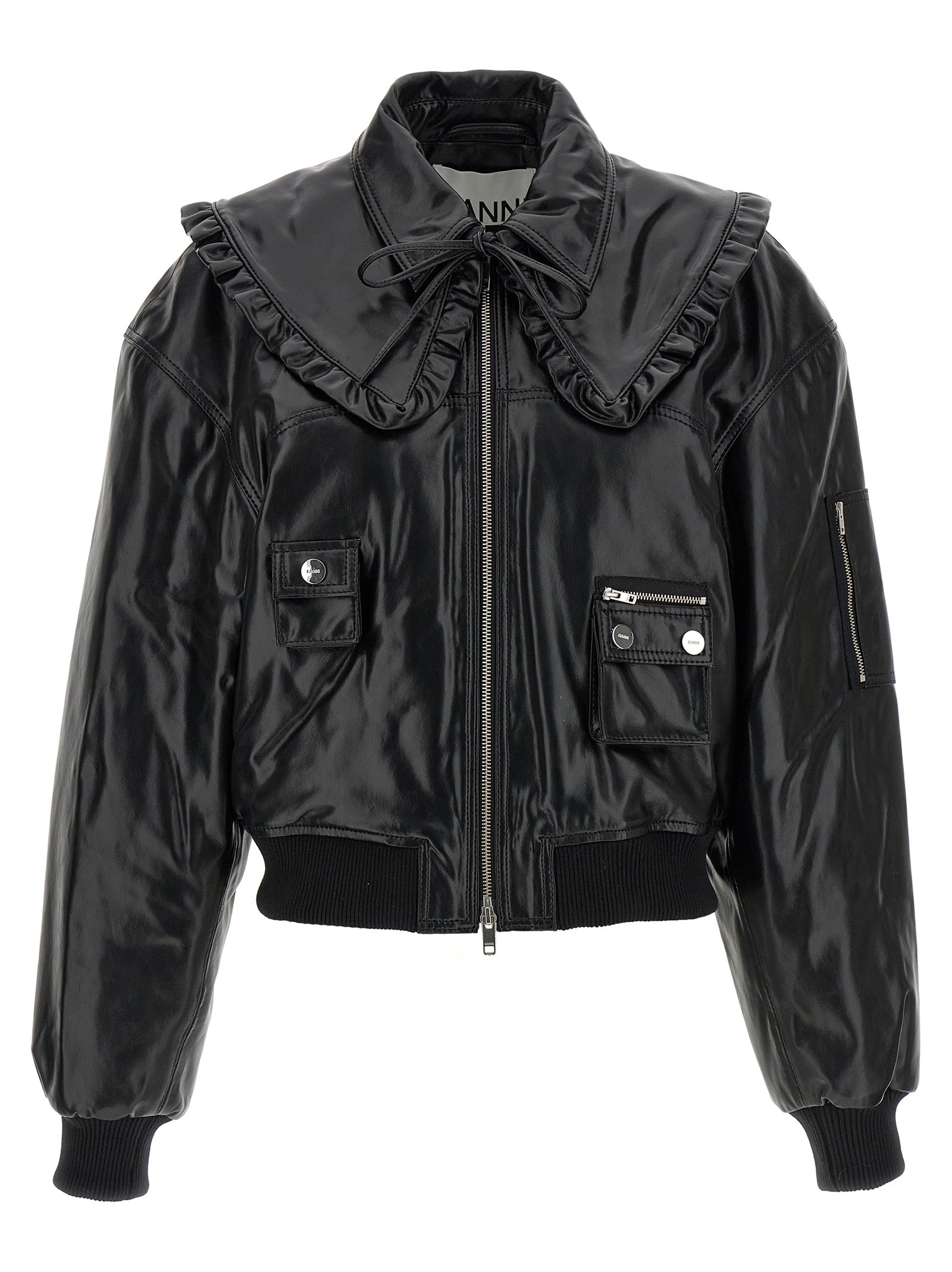 Ganni Black Leather Bomber Jacket