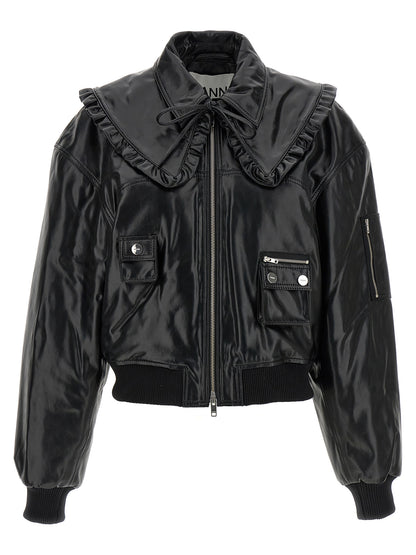 Ganni Black Leather Bomber Jacket