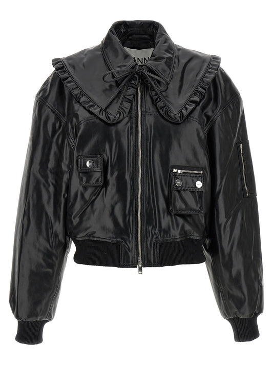 Ganni Black Leather Bomber Jacket
