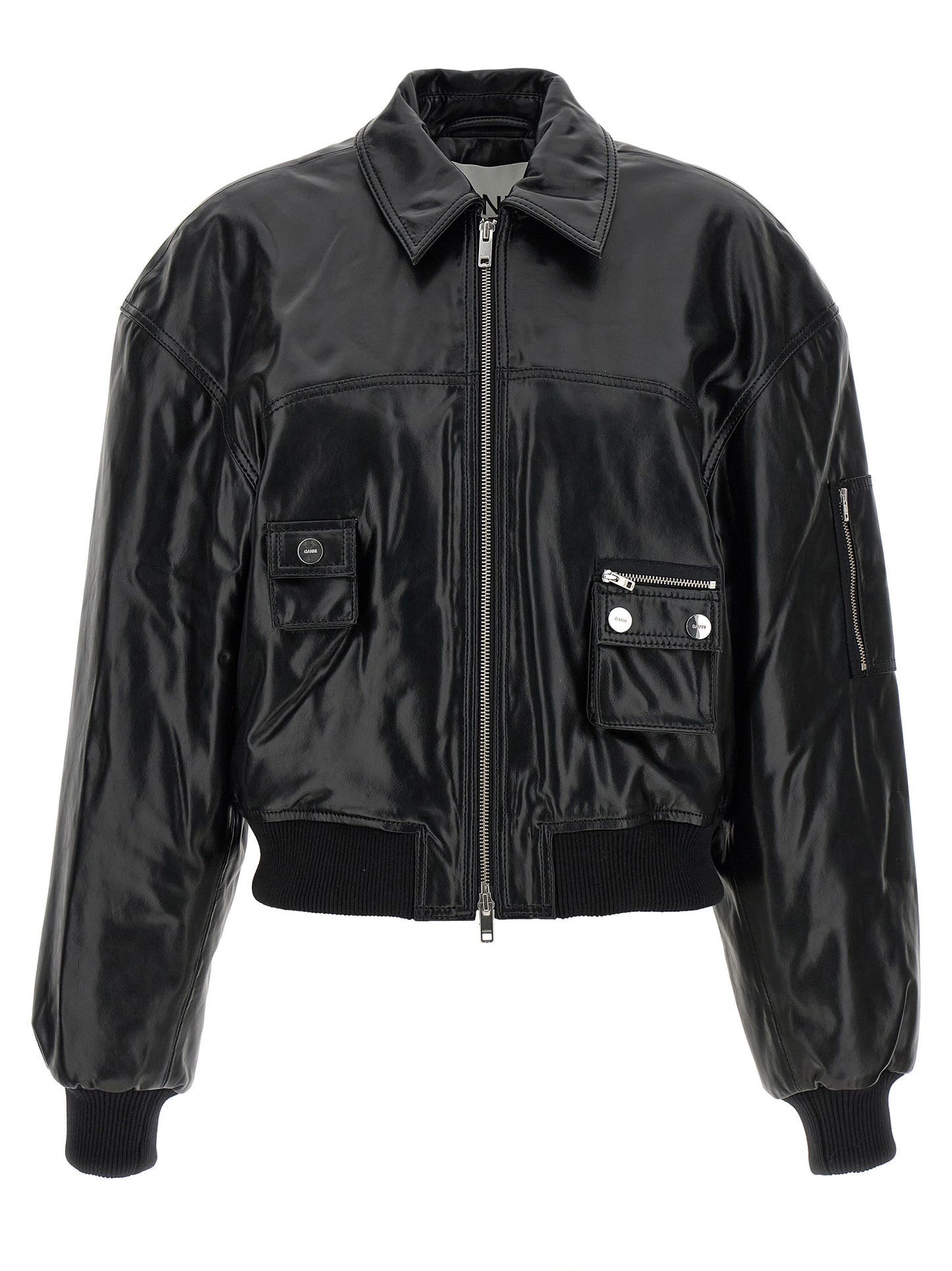 Ganni Black Leather Bomber Jacket