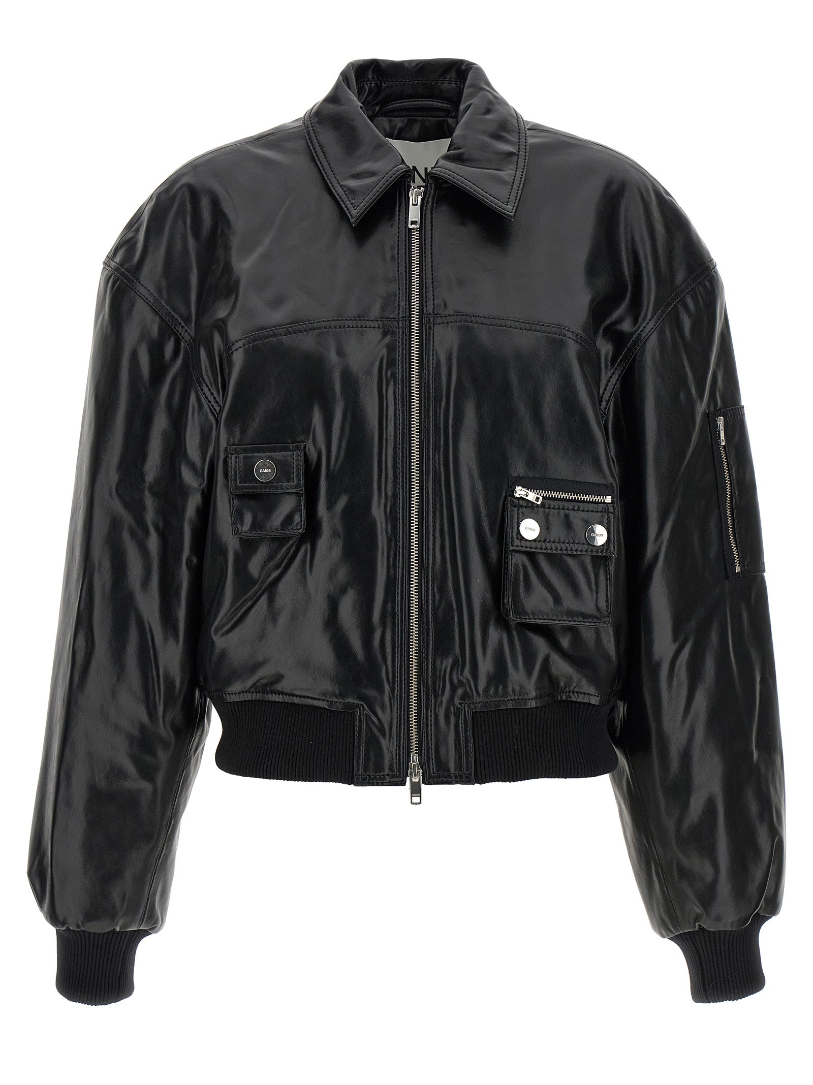 Ganni Black Leather Bomber Jacket