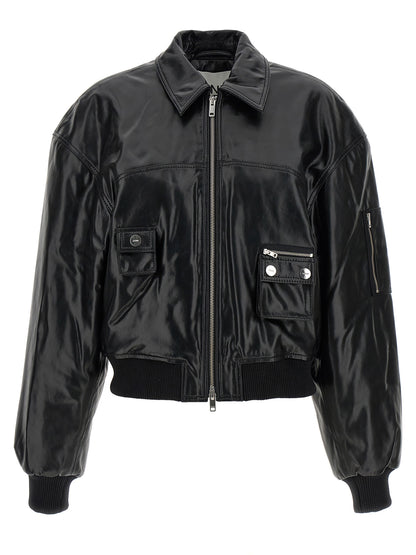 Ganni Black Leather Bomber Jacket
