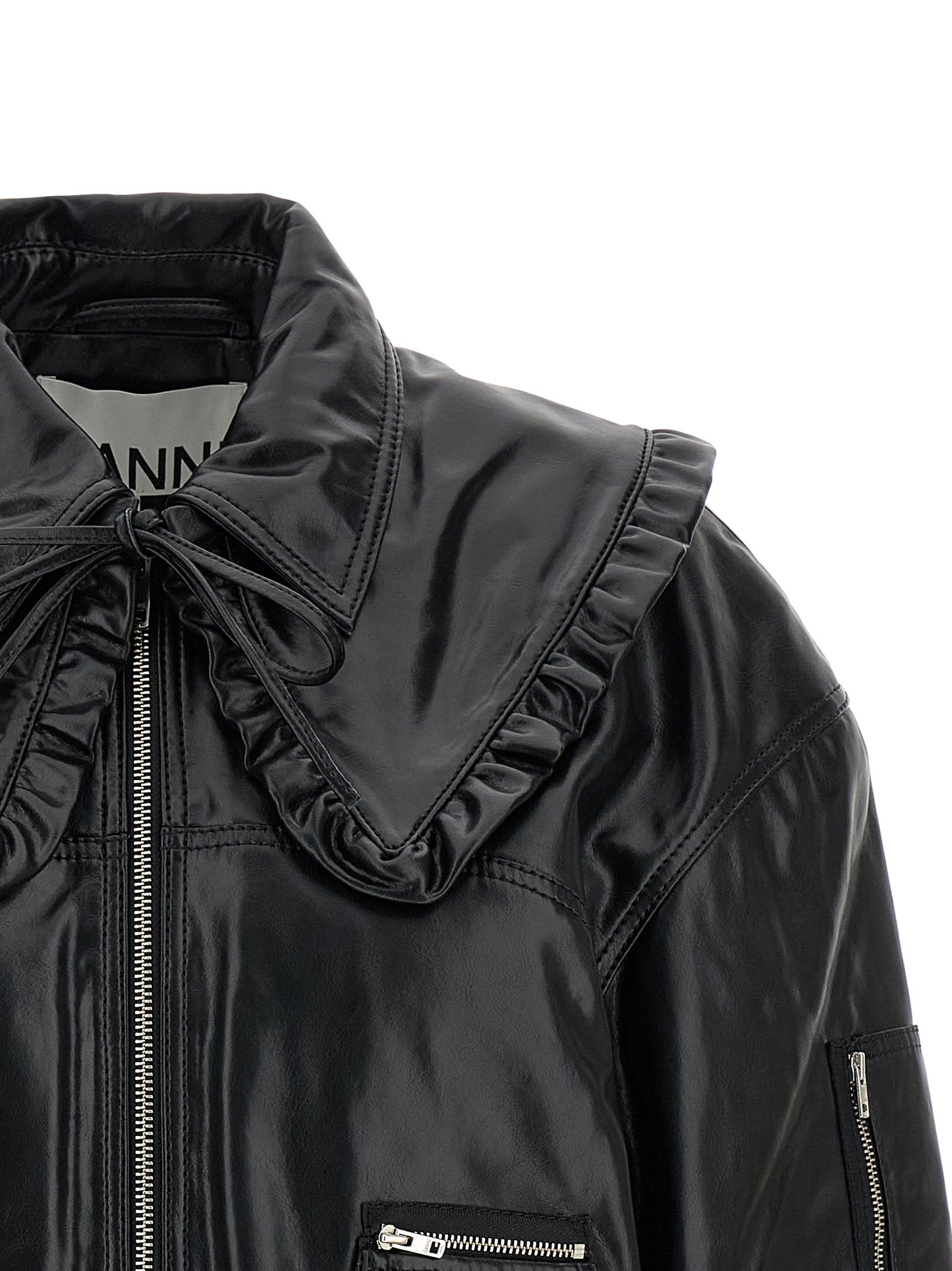 Ganni Black Leather Bomber Jacket