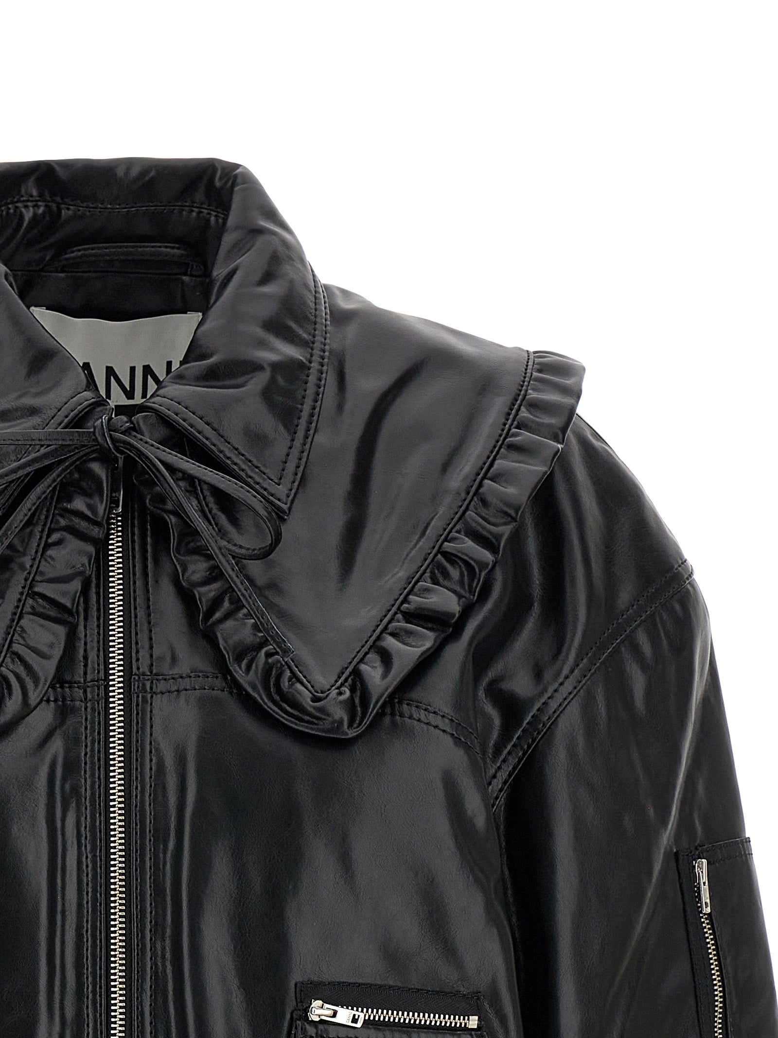 Ganni Black Leather Bomber Jacket