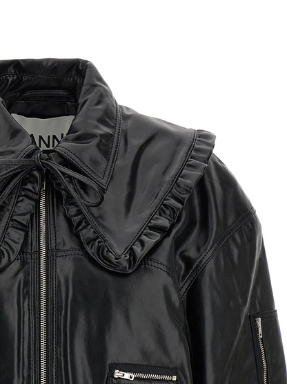 Ganni Black Leather Bomber Jacket