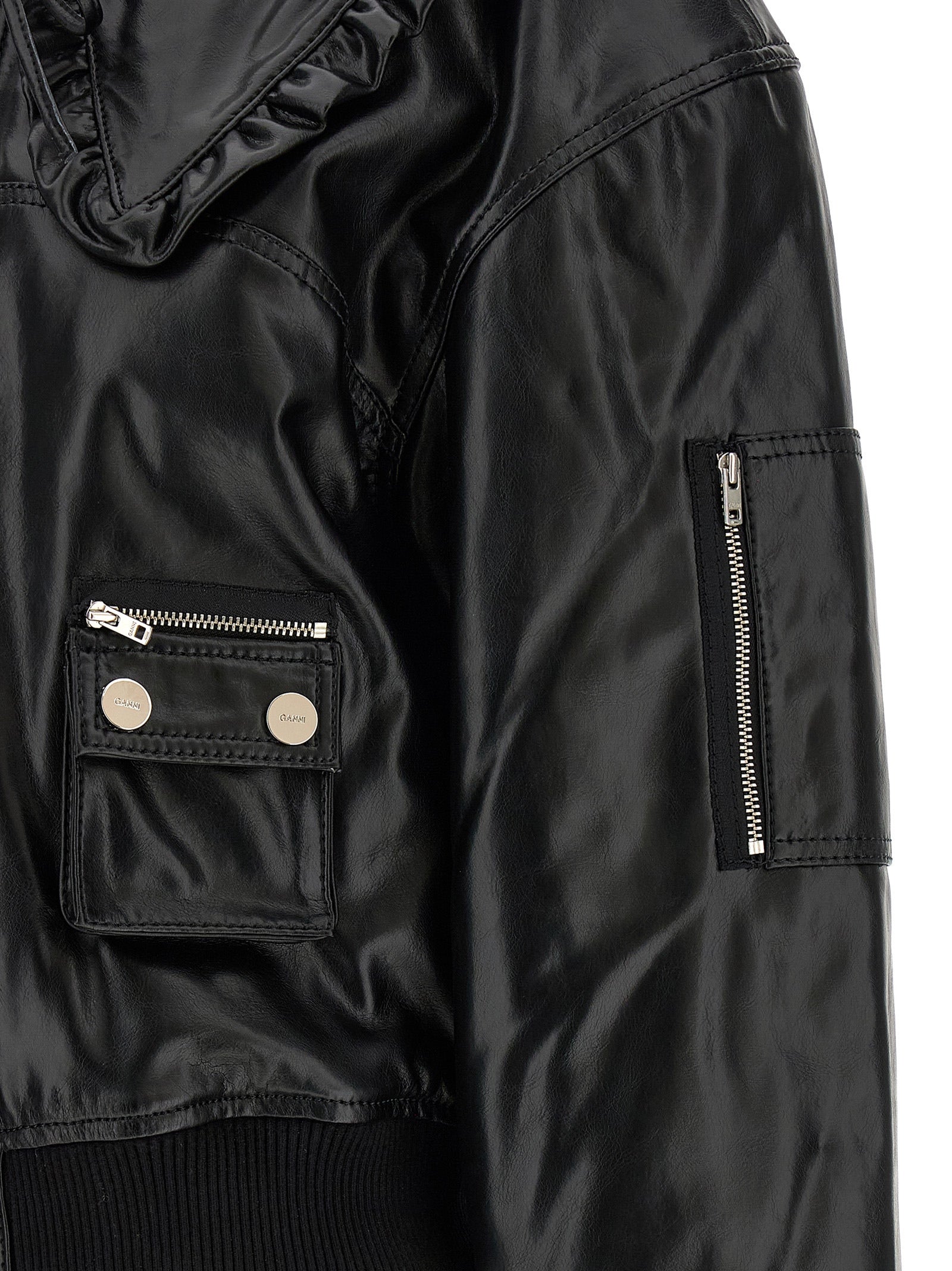 Ganni Black Leather Bomber Jacket