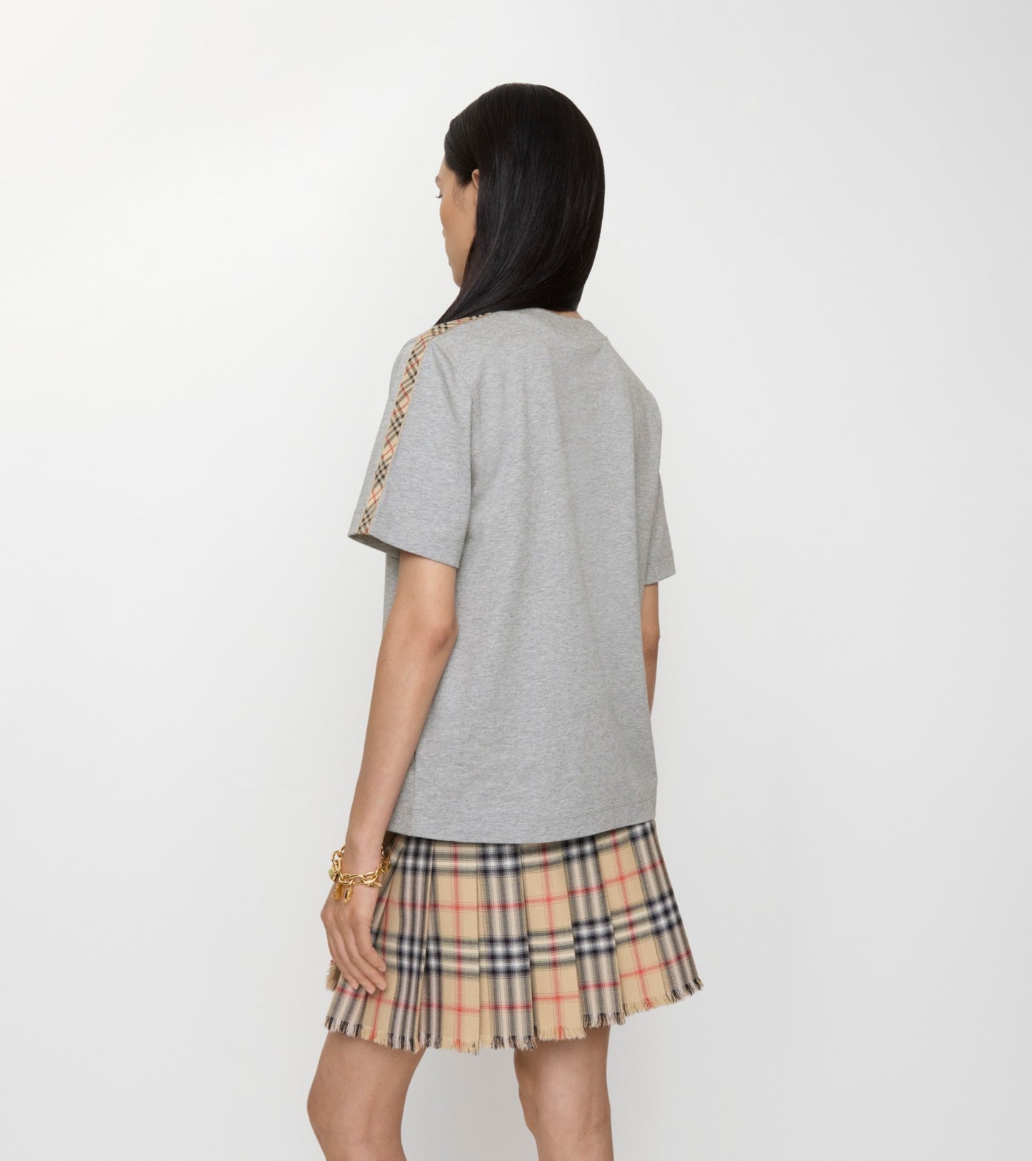 Check Trim Cotton T-shirt in Pale grey melange
