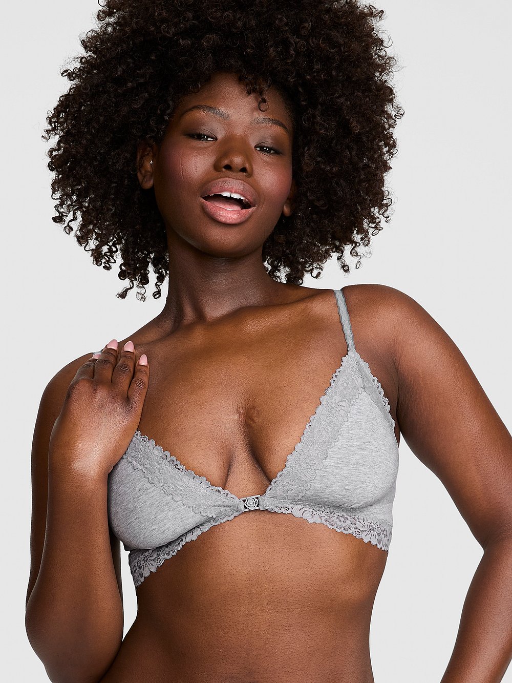 Cotton Unlined Lace-Trim Front-Close Triangle Bralette