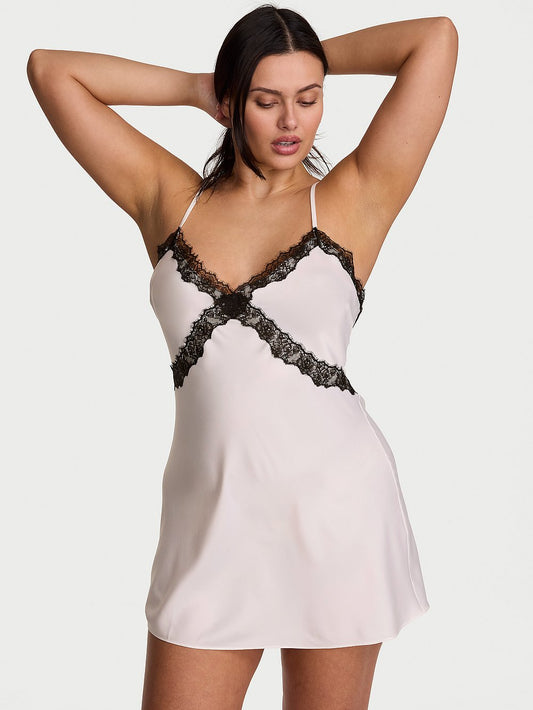 Satin Rose Lace-Trim Mini Slip Dress