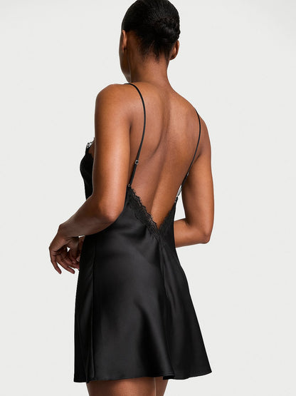 Satin Rose Lace-Trim Mini Slip Dress