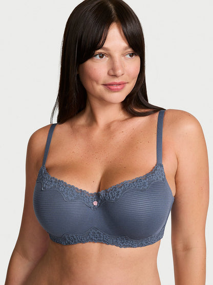 Cotton Shadow Stripe Lace-Trim Balconette Bra