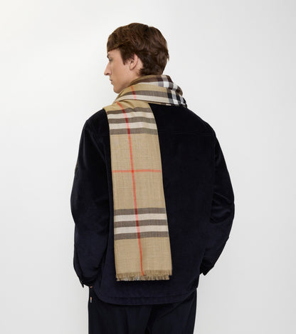 Reversible Check Wool Silk Scarf in Sand beige/vole brown