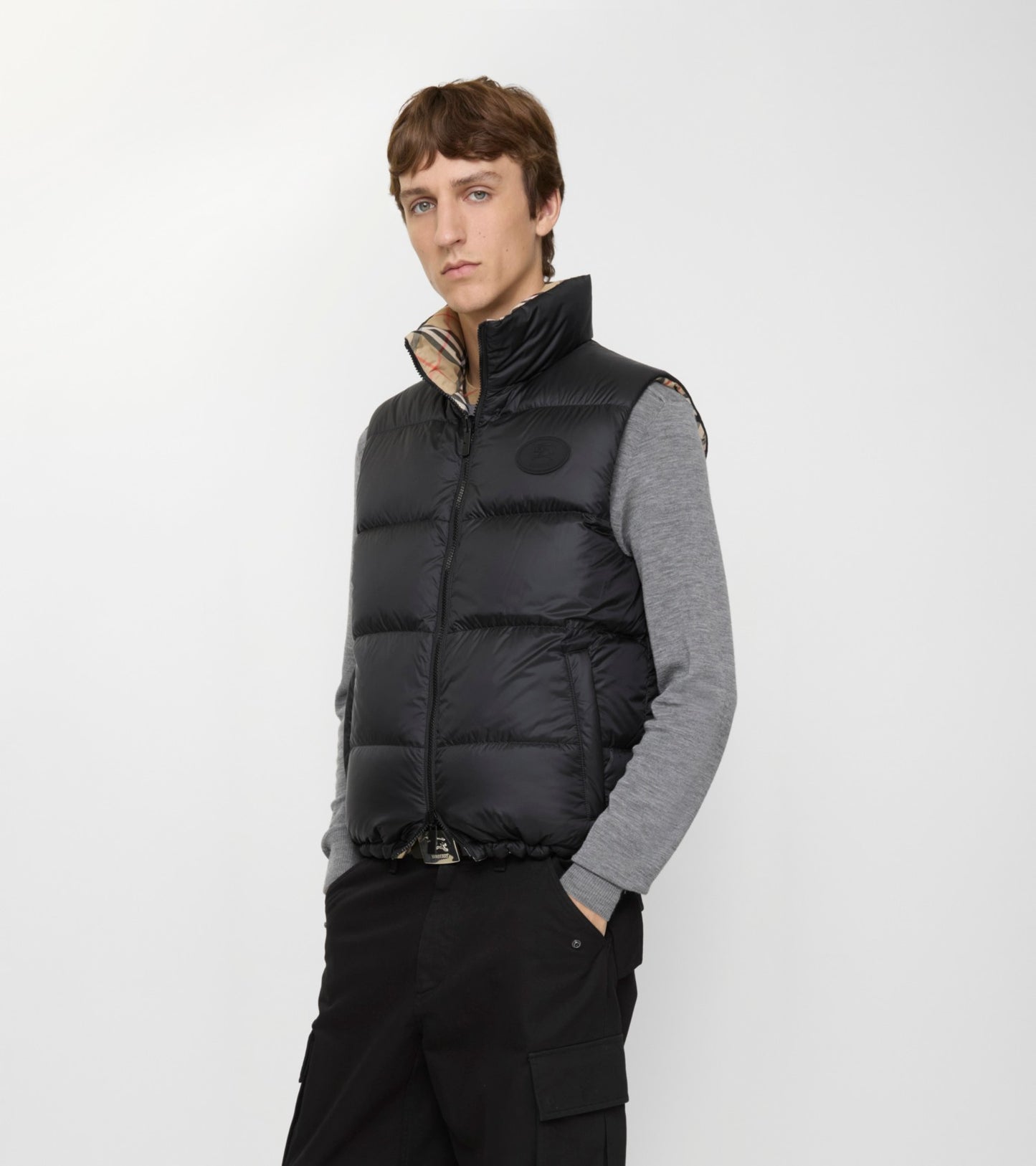 Reversible Check Puffer Gilet in Sand beige