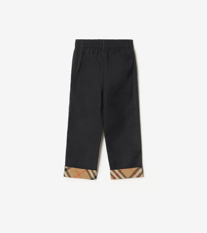 Check Turn-up Cotton Trousers in Black