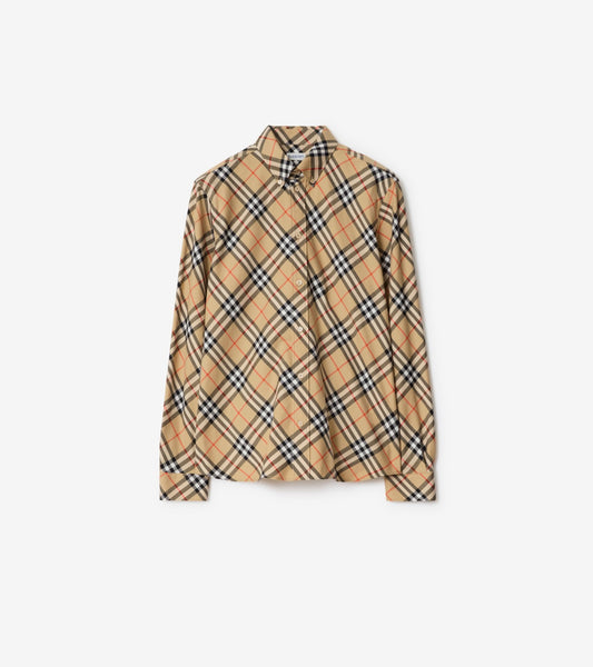 Relaxed Fit Check Cotton Flannel Shirt in Sand beige