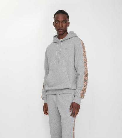 Check Trim Cotton Hoodie in Pale grey melange