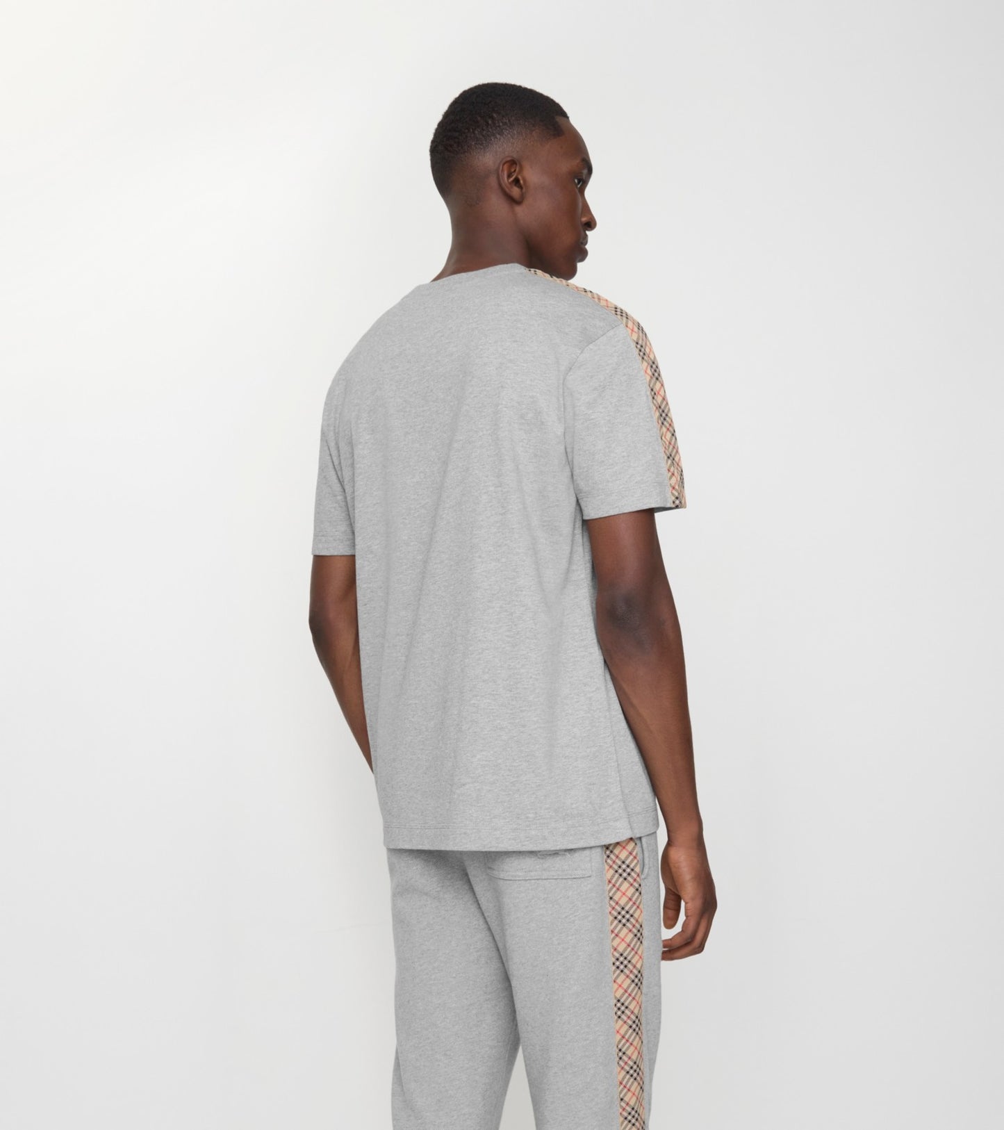 Check Trim Cotton T-shirt in Pale grey melange