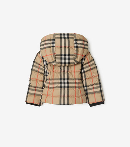 Check Hooded Puffer Jacket in Sand beige