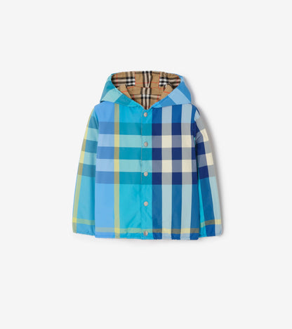 Reversible Check Nylon Hooded Jacket in Bright turquoise