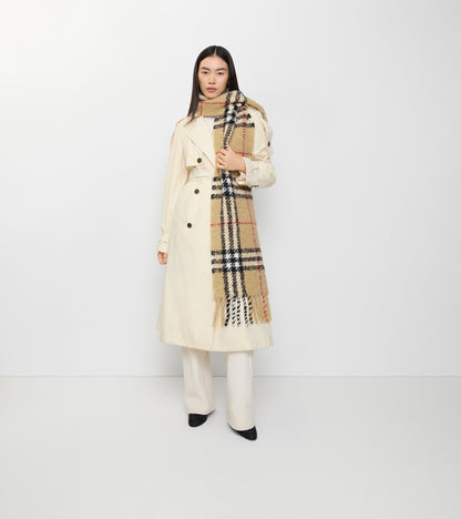 Check Alpaca Wool Blend Bouclé Scarf in Sand beige