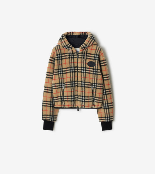 Cropped Check Fleece Hooded Jacket in Sand beige