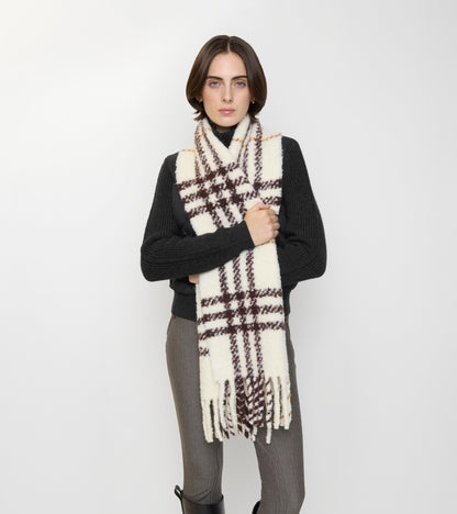 Check Alpaca Wool Blend Bouclé Scarf in Pebble white