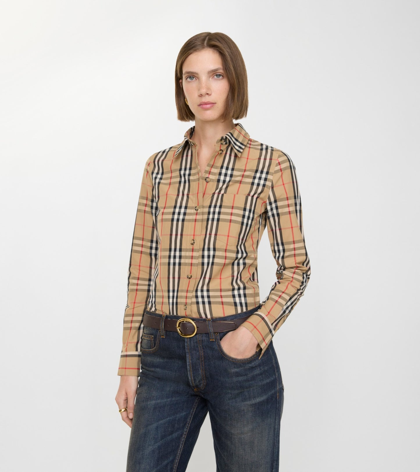 Check Stretch Cotton Shirt in Archive beige