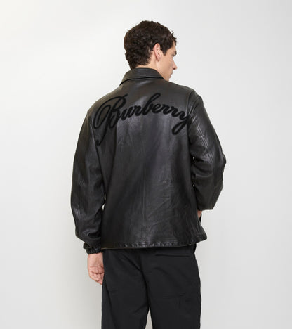 Cursive Logo Leather Overshirt in Black