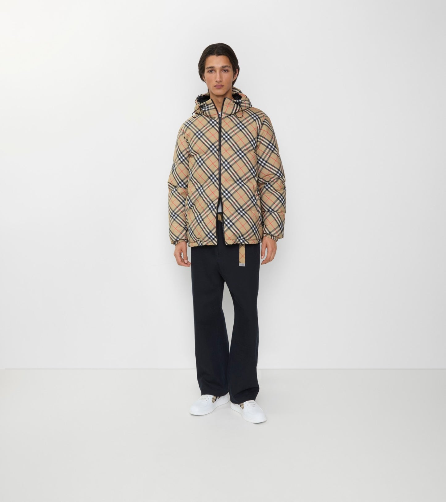 Reversible Check Hooded Puffer Jacket in Sand beige