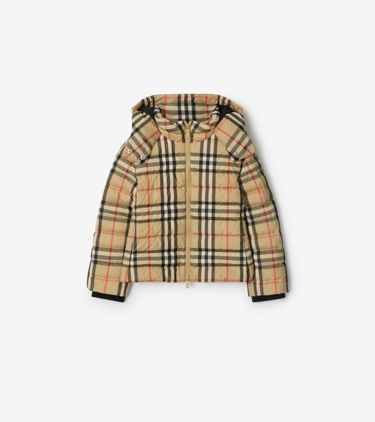 Check Hooded Puffer Jacket in Sand beige