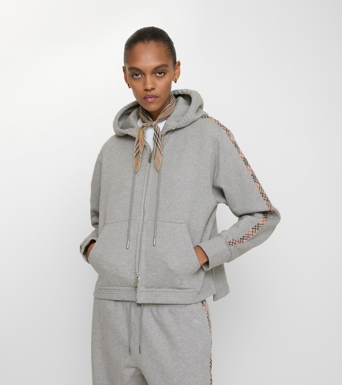 Check Trim Cotton Zip Hoodie in Pale grey melange