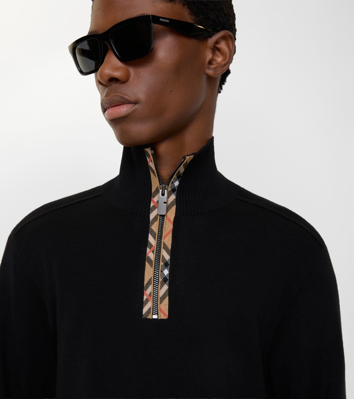Check Trim Wool Half-zip Sweater in Black