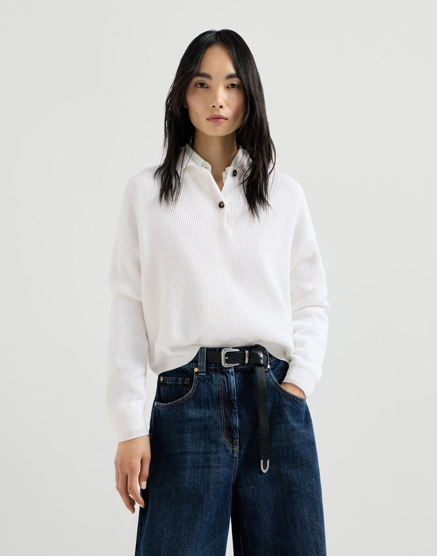 Cotton English rib knit polo shirt with monili