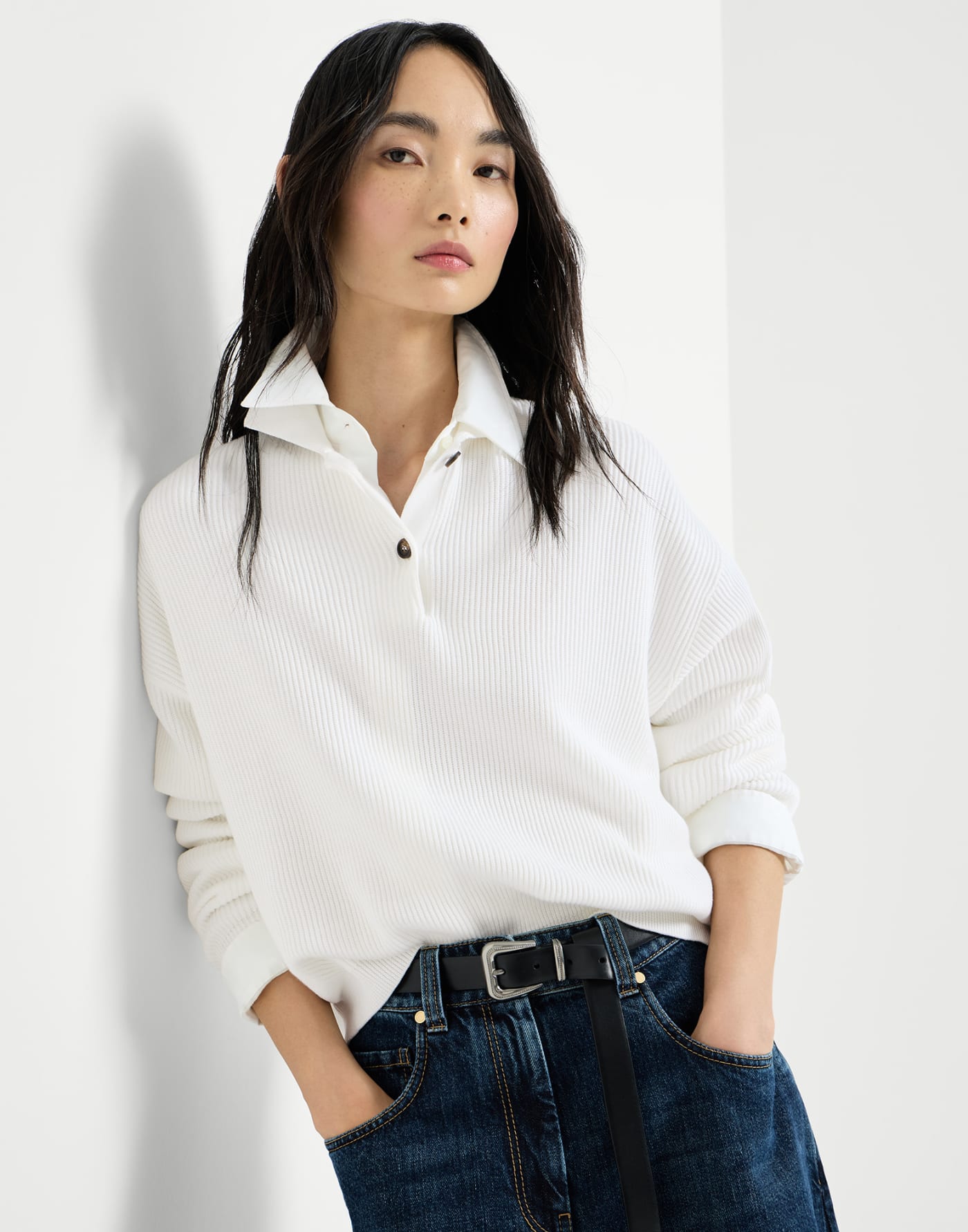 Cotton English rib knit polo shirt with monili