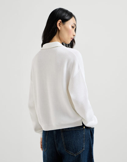 Cotton English rib knit polo shirt with monili