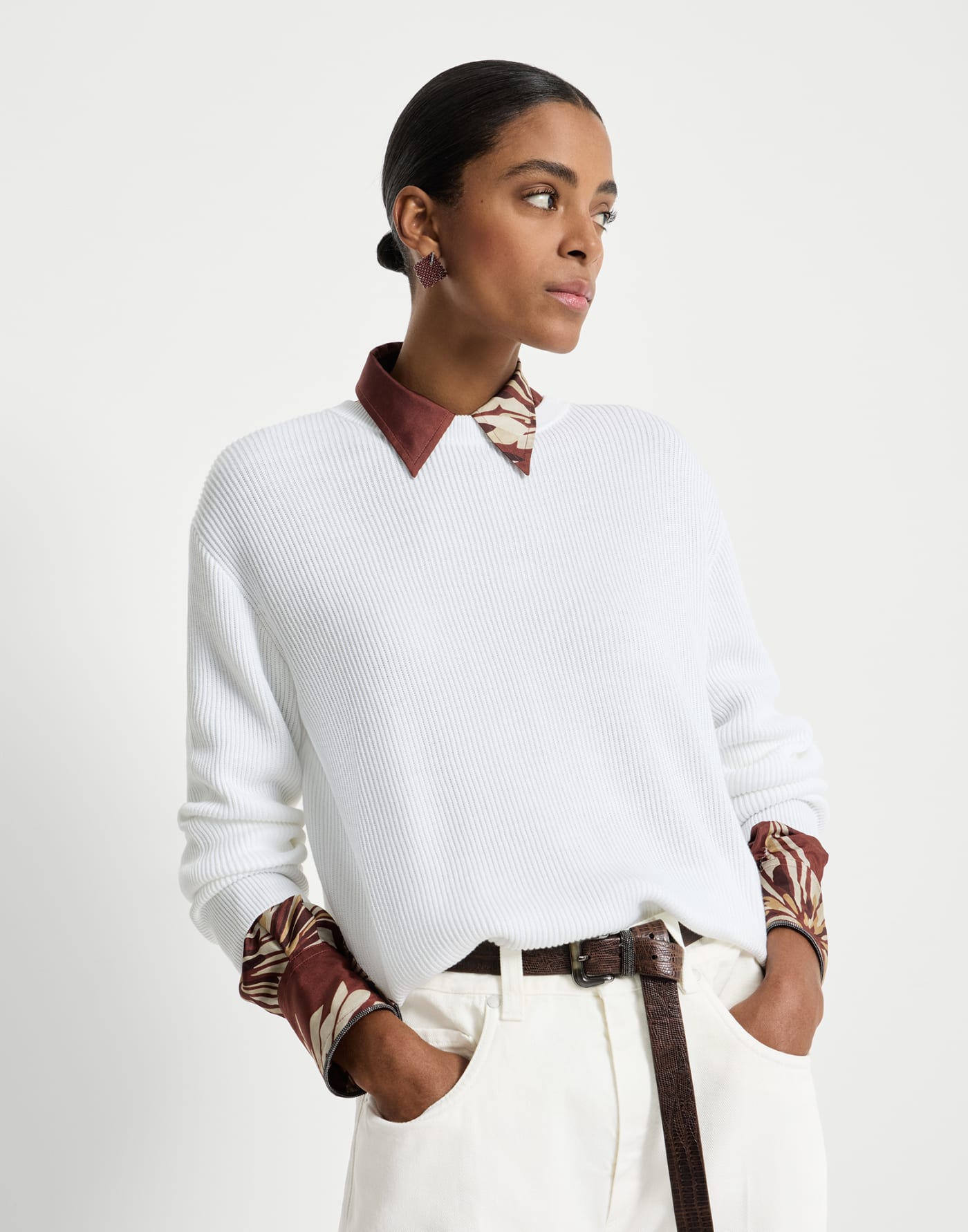 Cotton English rib sweater with monili