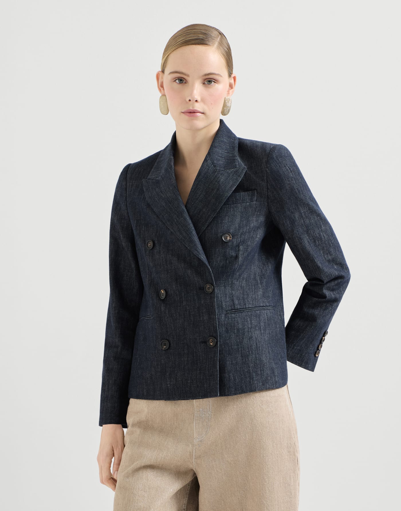 Cotton denim-effect twill blazer with monili