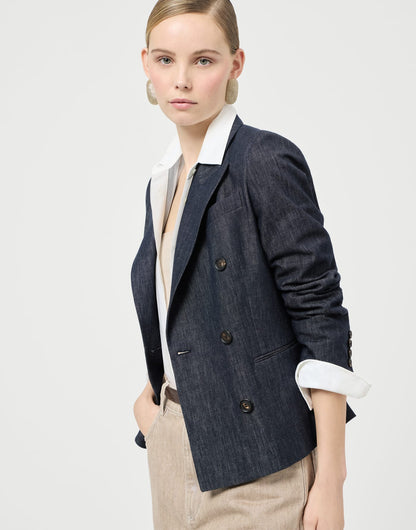 Cotton denim-effect twill blazer with monili