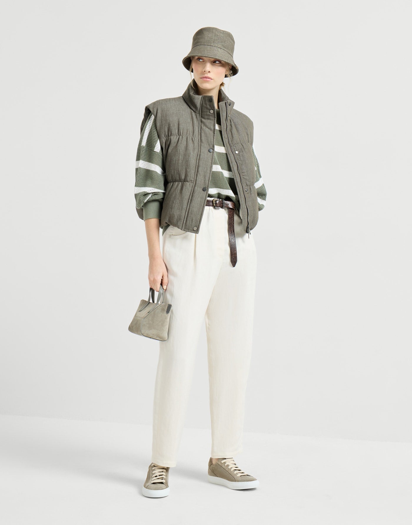 Cotton denim-effect twill down vest with monili