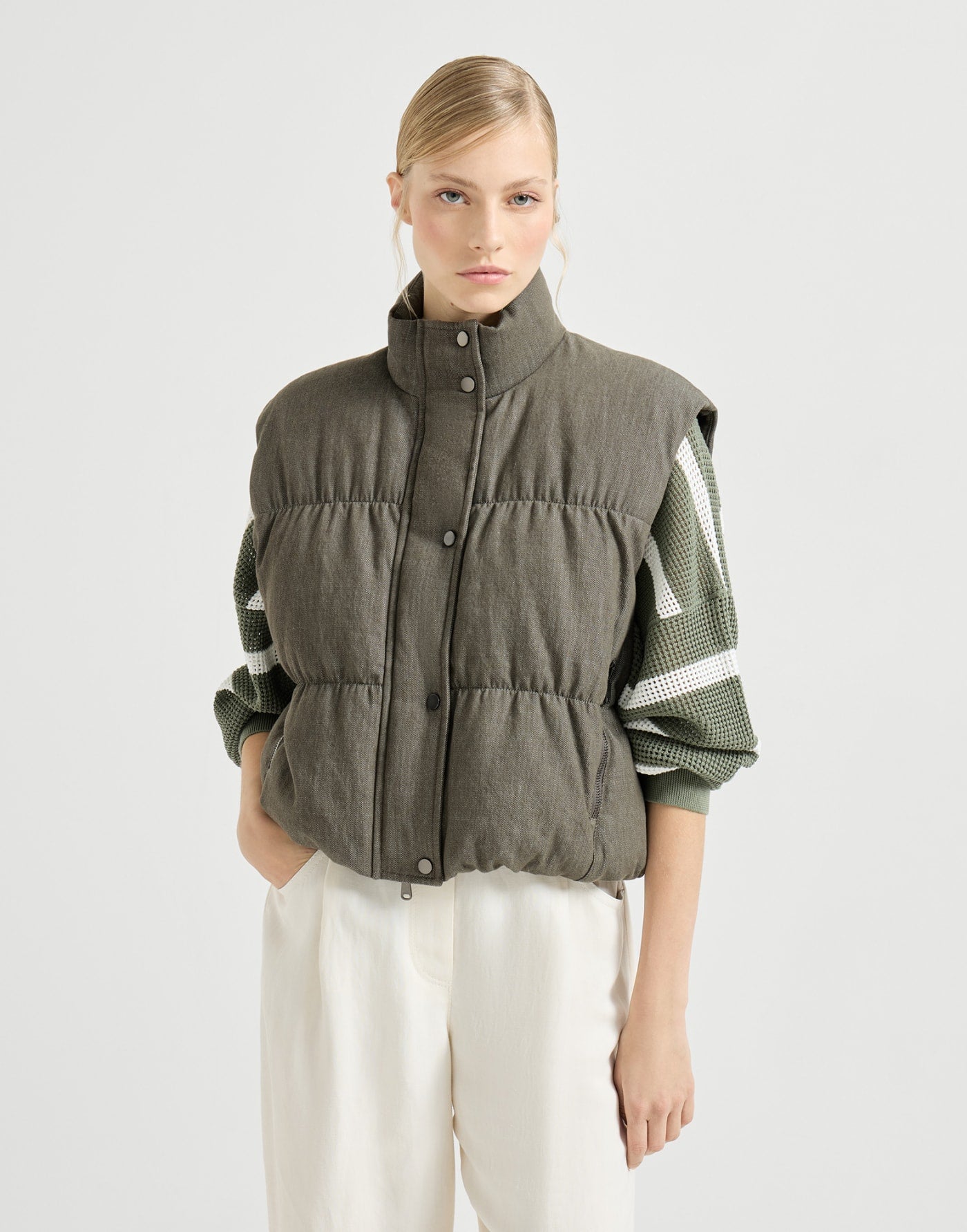 Cotton denim-effect twill down vest with monili