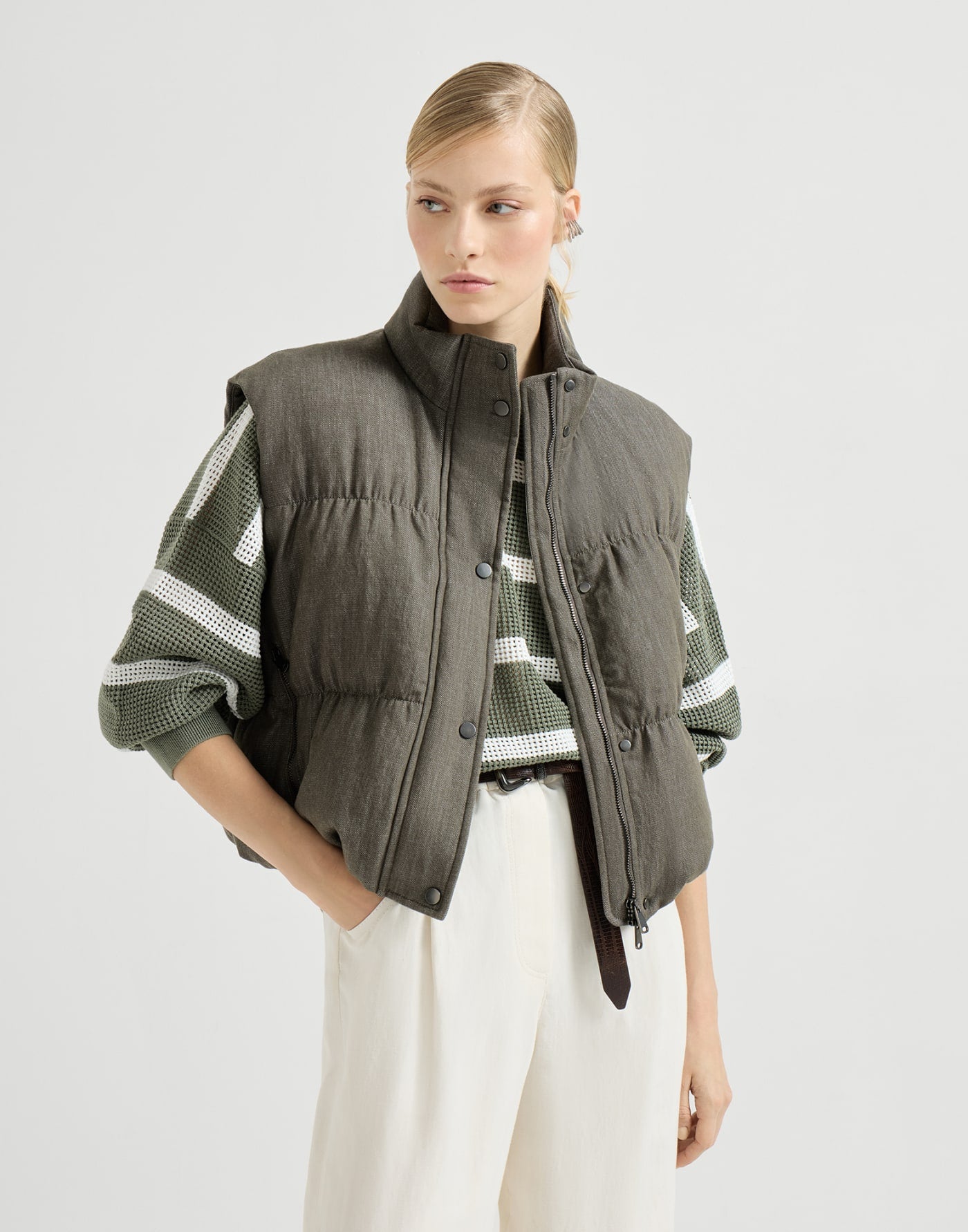 Cotton denim-effect twill down vest with monili