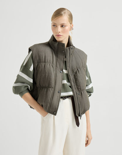 Cotton denim-effect twill down vest with monili