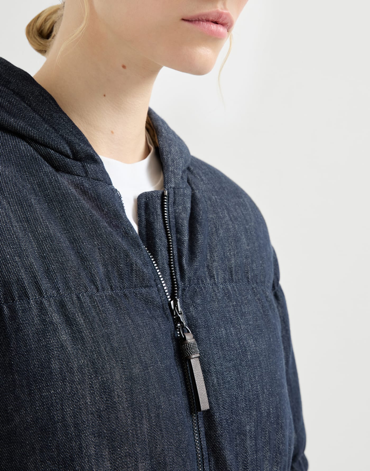 Cotton denim-effect twill down jacket with monili