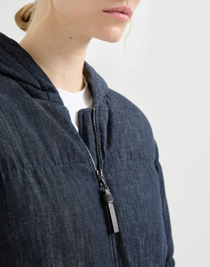Cotton denim-effect twill down jacket with monili