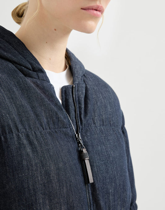 Cotton denim-effect twill down jacket with monili