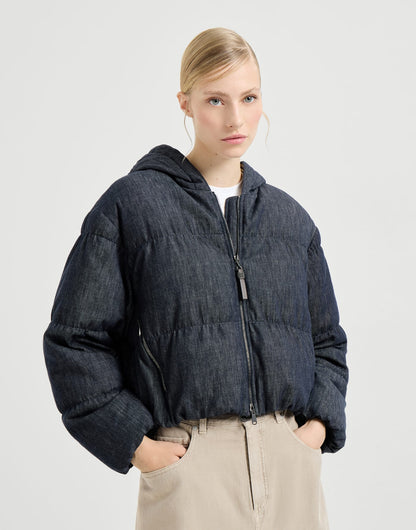 Cotton denim-effect twill down jacket with monili