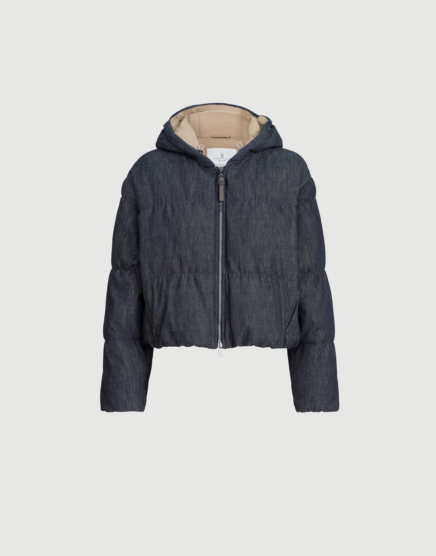Cotton denim-effect twill down jacket with monili
